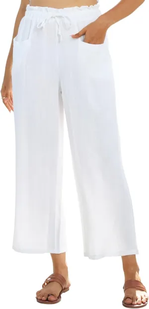 siliteelon Wide Leg Linen Pants for Women Summer Capri Palazzo Flowy Pants Casual Loose High Waist Trousers with Pockets