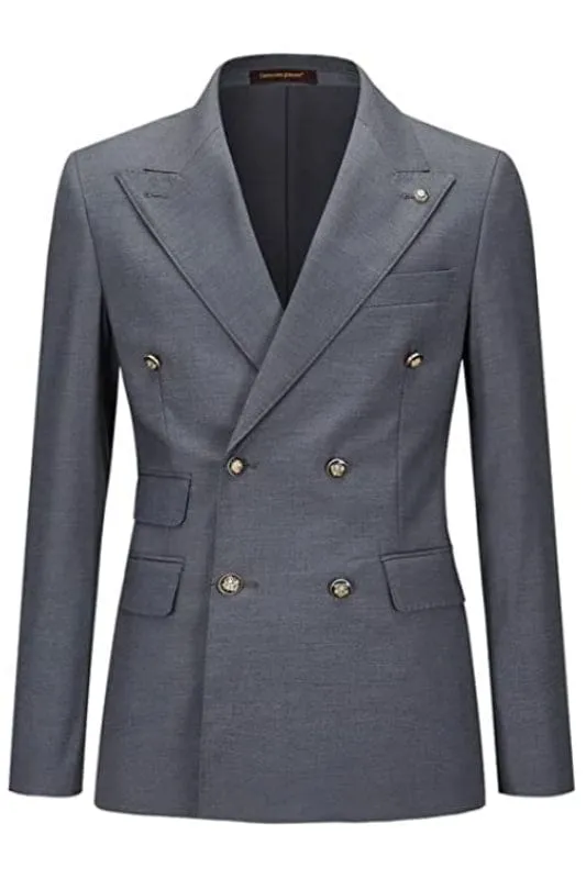 Simple Gray Double Breasted Business Suits for Men Slim Fit Peaked Lapel Formal Suits