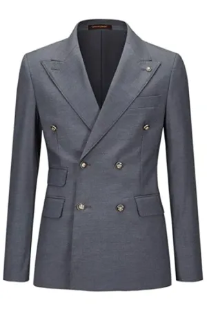 Simple Gray Double Breasted Business Suits for Men Slim Fit Peaked Lapel Formal Suits