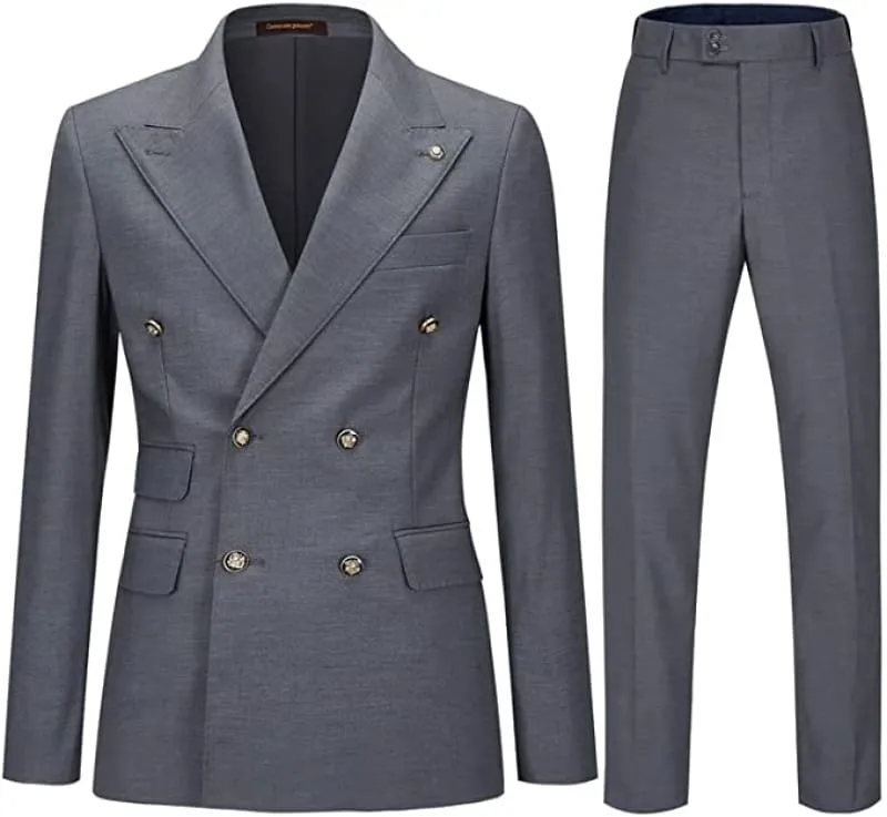 Simple Gray Double Breasted Business Suits for Men Slim Fit Peaked Lapel Formal Suits