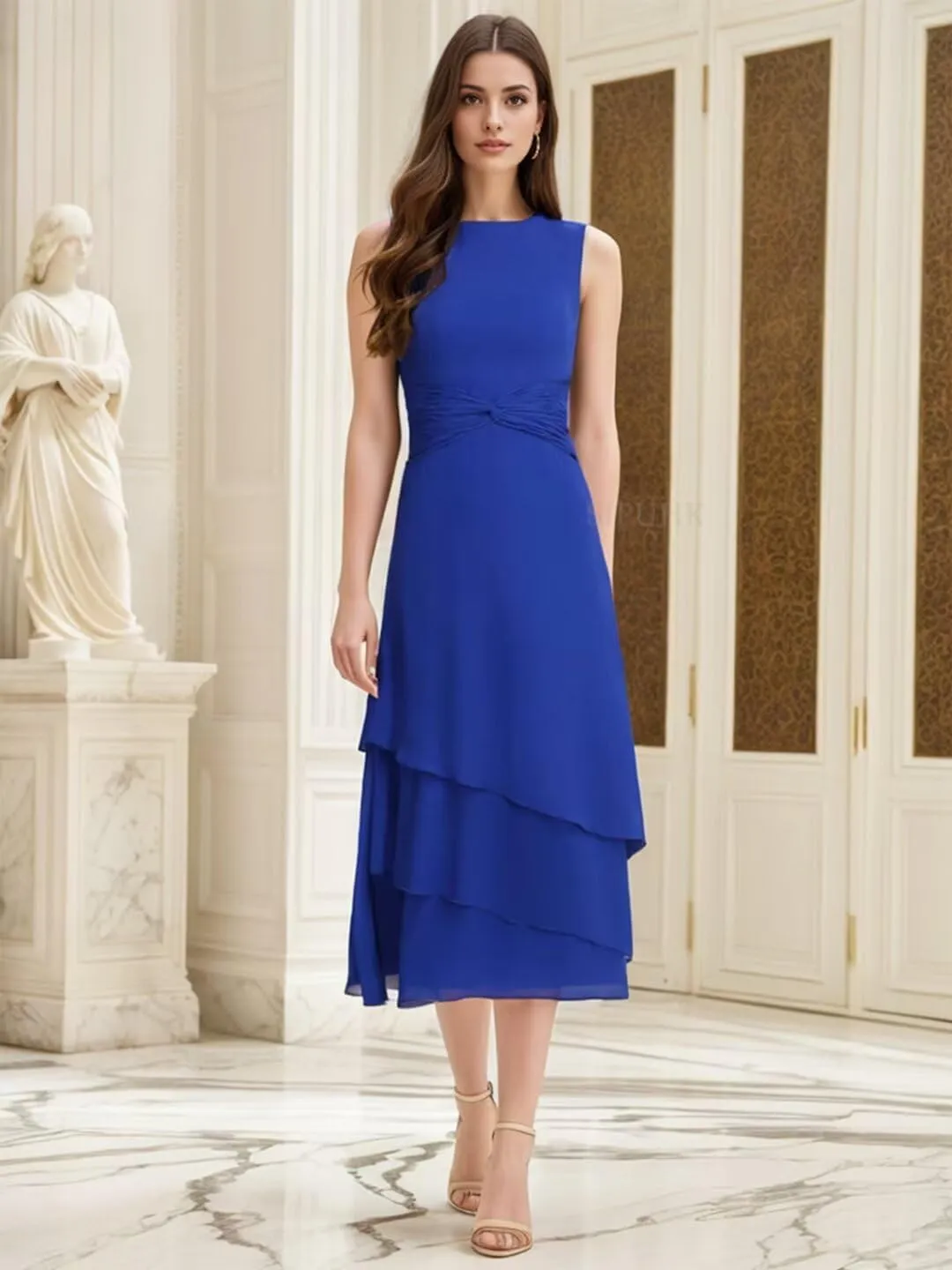 SIPUHK 2 Pieces Mother of The Bride Dresses for Wedding Tea Length Chiffon Tiered Ruffle 3/4 Sleeve Formal Dresses for Women