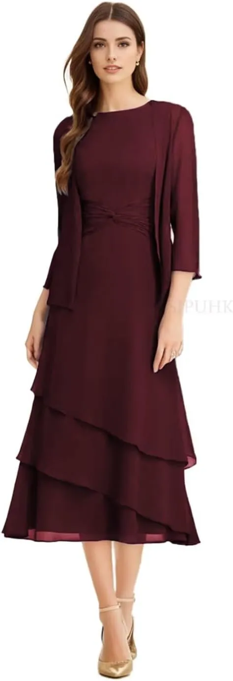 SIPUHK 2 Pieces Mother of The Bride Dresses for Wedding Tea Length Chiffon Tiered Ruffle 3/4 Sleeve Formal Dresses for Women