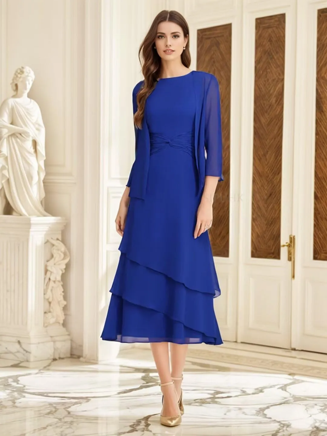 SIPUHK 2 Pieces Mother of The Bride Dresses for Wedding Tea Length Chiffon Tiered Ruffle 3/4 Sleeve Formal Dresses for Women