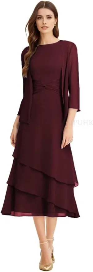 SIPUHK 2 Pieces Mother of The Bride Dresses for Wedding Tea Length Chiffon Tiered Ruffle 3/4 Sleeve Formal Dresses for Women