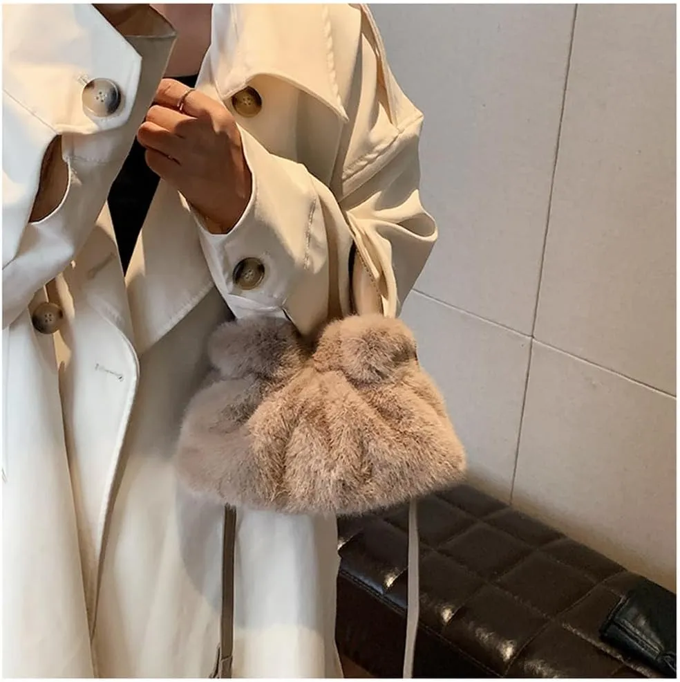 Small Fluffy Tote Bag with Strap Faux Fur Satchel Handbag and Purse Fuzzy Hobo Bucket Bag Top Handle Furry Purse