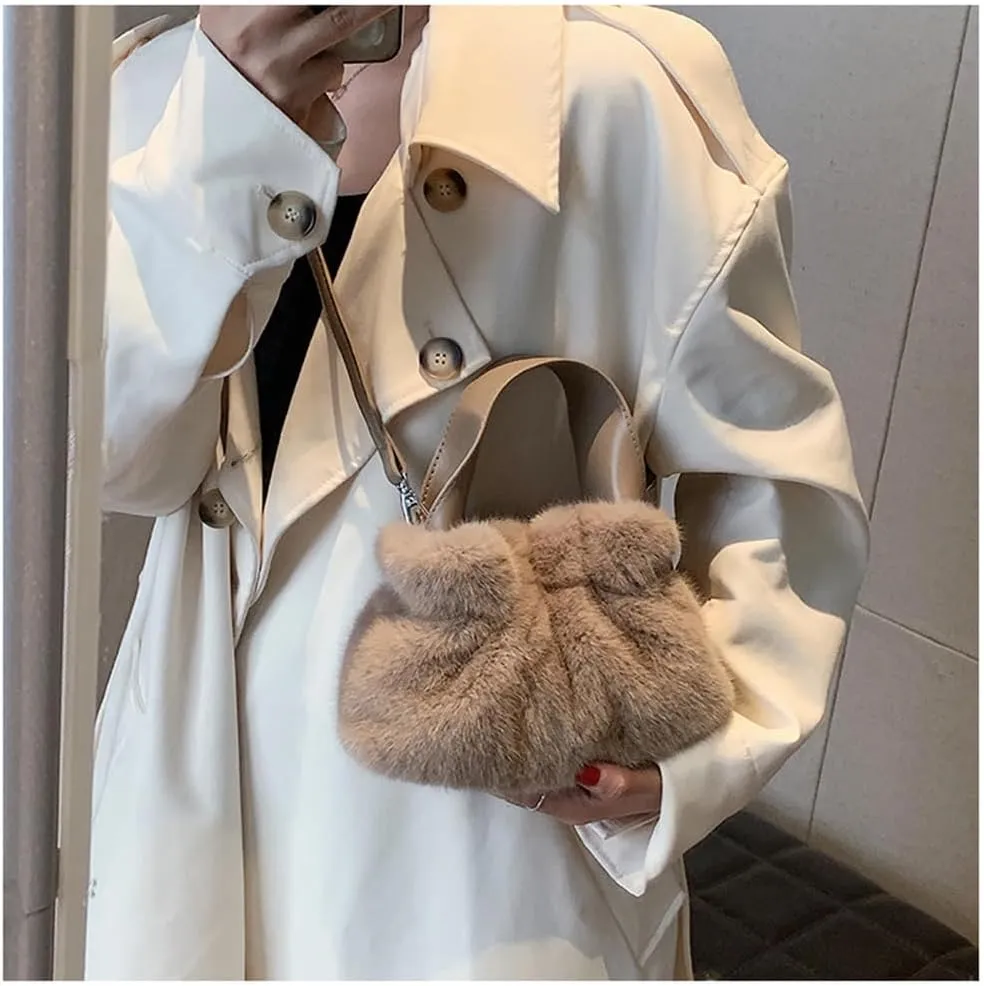 Small Fluffy Tote Bag with Strap Faux Fur Satchel Handbag and Purse Fuzzy Hobo Bucket Bag Top Handle Furry Purse