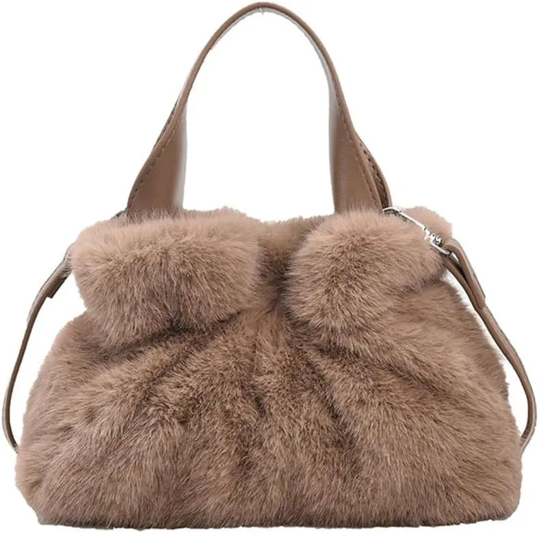 Small Fluffy Tote Bag with Strap Faux Fur Satchel Handbag and Purse Fuzzy Hobo Bucket Bag Top Handle Furry Purse
