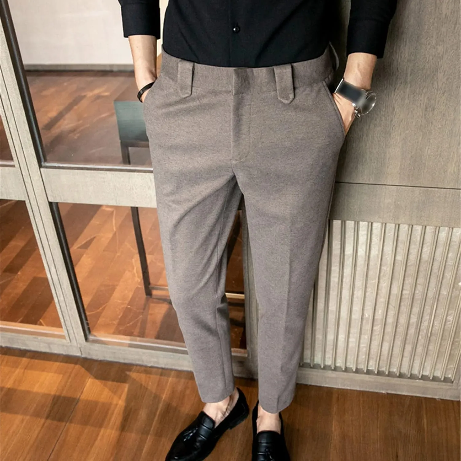 Soluo Men's Business Suit Pants Retro Wool Slim Fit Tweed Dress Pants Vintage Stretch Chino Flat Front Trousers