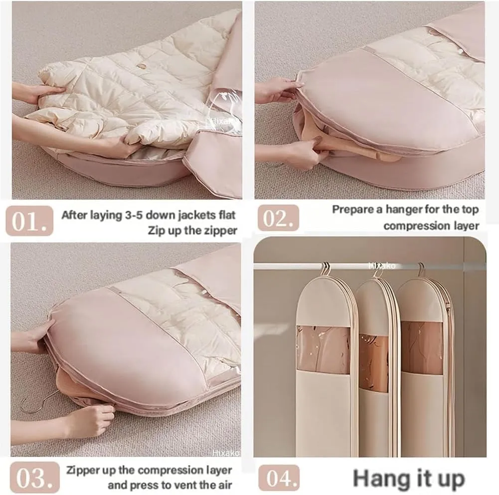 Space Saving Hanging Garment Bag with Self Compression Zipper, Dust Cover Clothes Bags for Down Coat, Space Saver Closet Organizers, Hanging Garment Bags for Closet Storage (Pink,M)