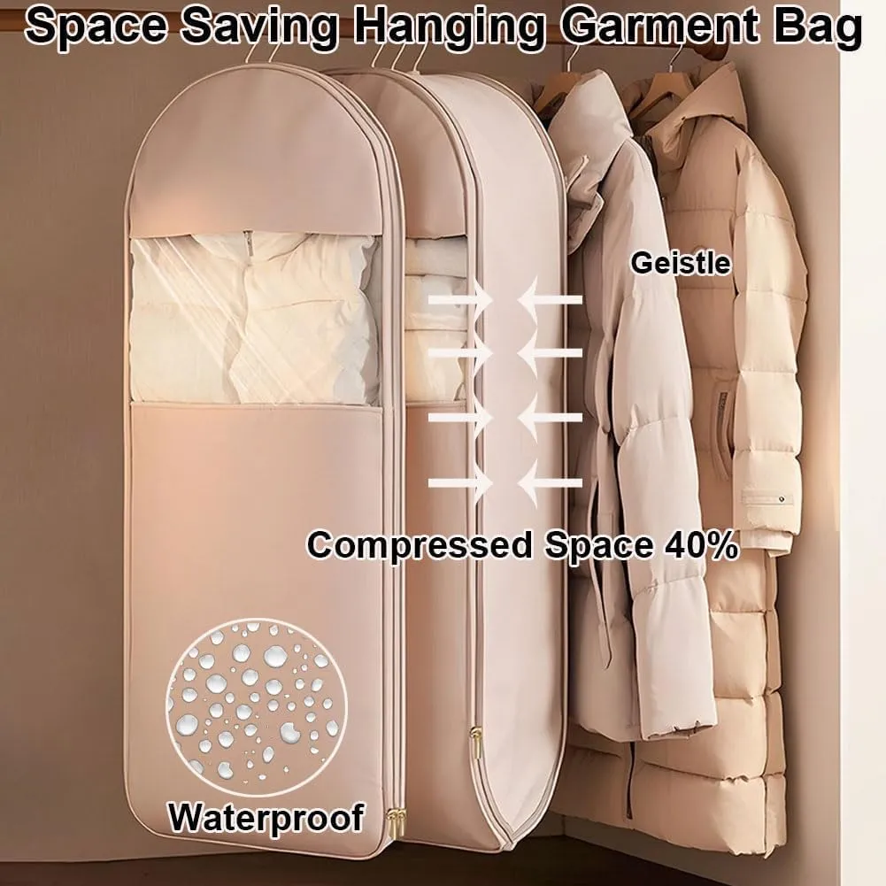 Space Saving Hanging Garment Bag with Self Compression Zipper, Dust Cover Clothes Bags for Down Coat, Space Saver Closet Organizers, Hanging Garment Bags for Closet Storage (Pink,M)
