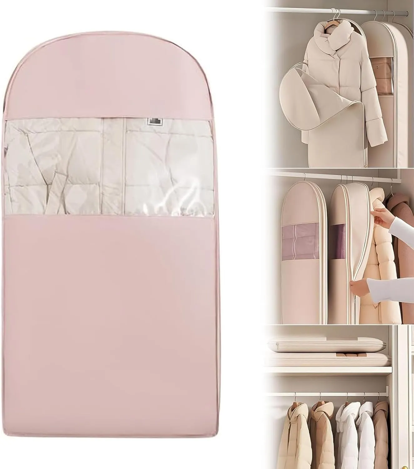 Space Saving Hanging Garment Bag with Self Compression Zipper, Dust Cover Clothes Bags for Down Coat, Space Saver Closet Organizers, Hanging Garment Bags for Closet Storage (Pink,M)