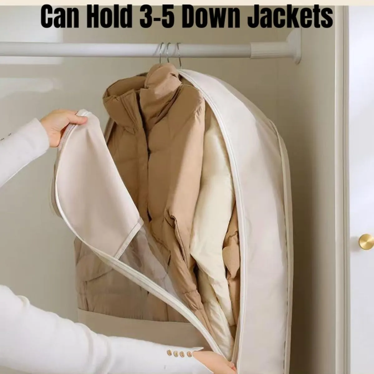 Space Saving Hanging Garment Bag with Self Compression Zipper -Dust Cover Clothes Bags for Down Coat, Space Saver Travel Garment Bag for Closet Organizers (Beige, M(110 * 58 * 15))