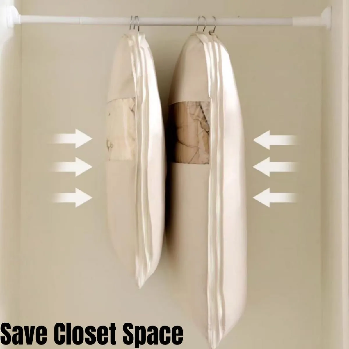 Space Saving Hanging Garment Bag with Self Compression Zipper -Dust Cover Clothes Bags for Down Coat, Space Saver Travel Garment Bag for Closet Organizers (Beige, M(110 * 58 * 15))