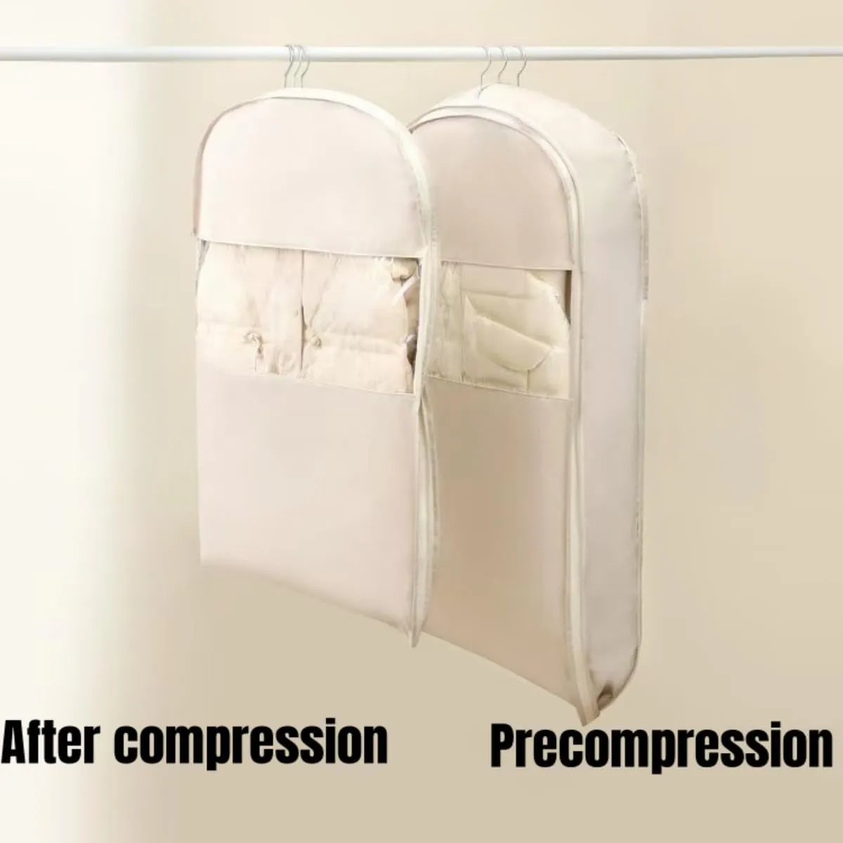 Space Saving Hanging Garment Bag with Self Compression Zipper -Dust Cover Clothes Bags for Down Coat, Space Saver Travel Garment Bag for Closet Organizers (Beige, M(110 * 58 * 15))