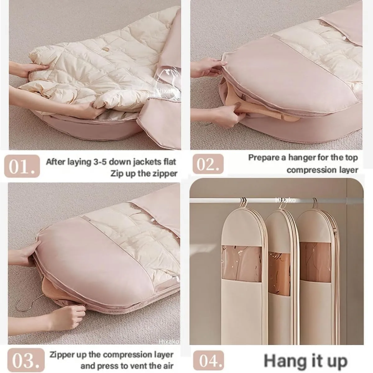 Space Saving Hanging Garment Bag with Self Compression Zipper -Dust Cover Clothes Bags for Down Coat, Space Saver Travel Garment Bag for Closet Organizers (Beige, M(110 * 58 * 15))