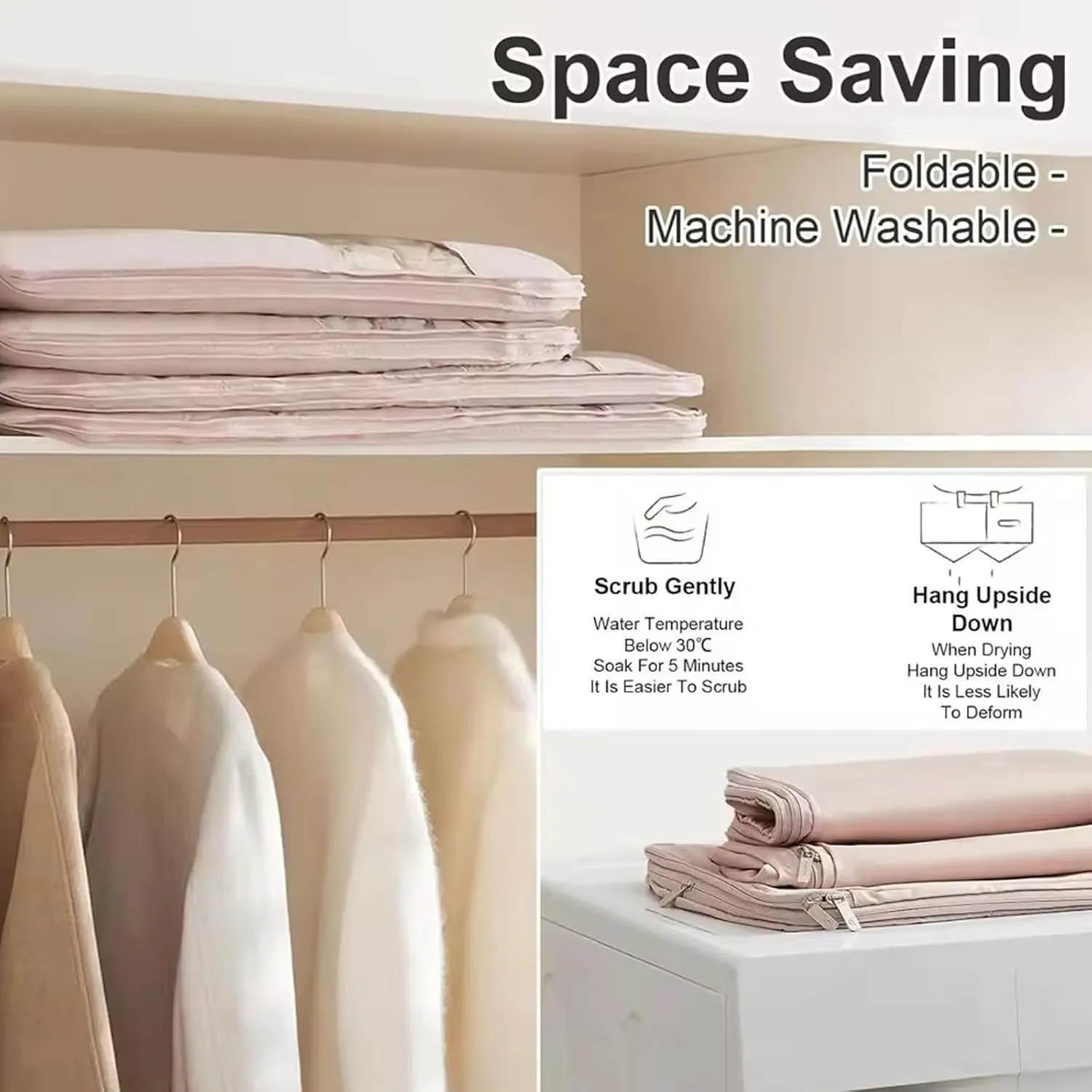 Space Saving Hanging Garment Bag with Self Compression Zipper, pace Saver Hanging Garment Bags for Closet Storage, Heavy Duty Dust Cover Garment Bag for Down Coat (Pink,M)