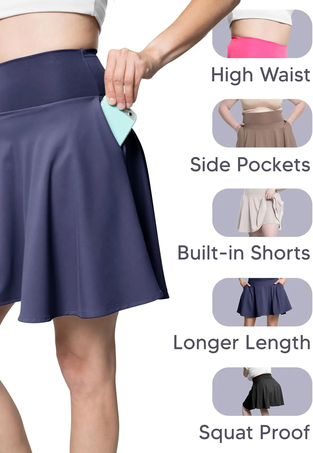 STRETCH IS COMFORT Womens and Plus Ultra Flex High Waist Tennis Skirt with Pockets and Built in Shorts | XS-5XL