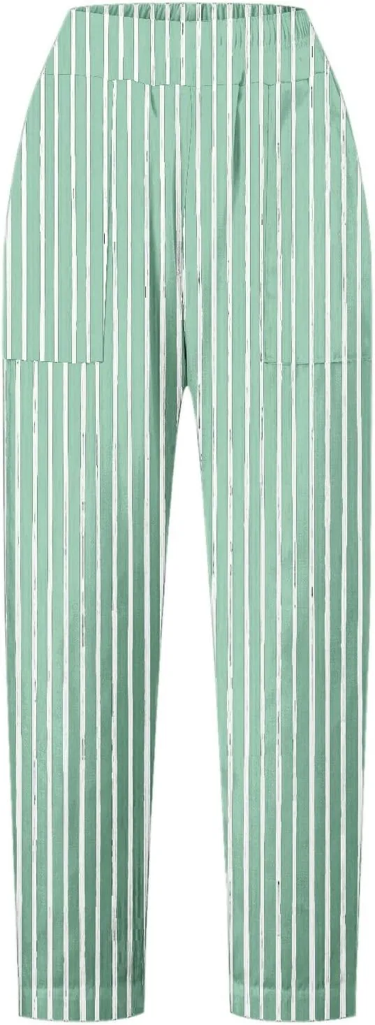 Striped Linen Pants Women Elastic Waist Loose Wide Leg Trousers Plus Size Summer Beach Casual Pockets Sweatpants