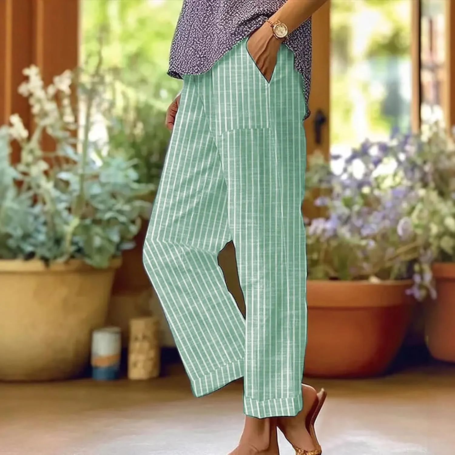 Striped Linen Pants Women Elastic Waist Loose Wide Leg Trousers Plus Size Summer Beach Casual Pockets Sweatpants