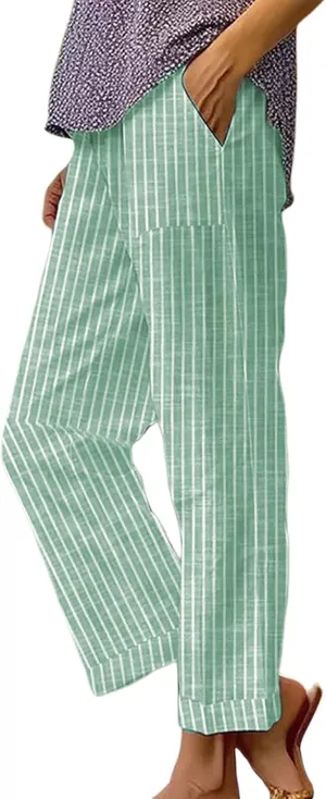 Striped Linen Pants Women Elastic Waist Loose Wide Leg Trousers Plus Size Summer Beach Casual Pockets Sweatpants