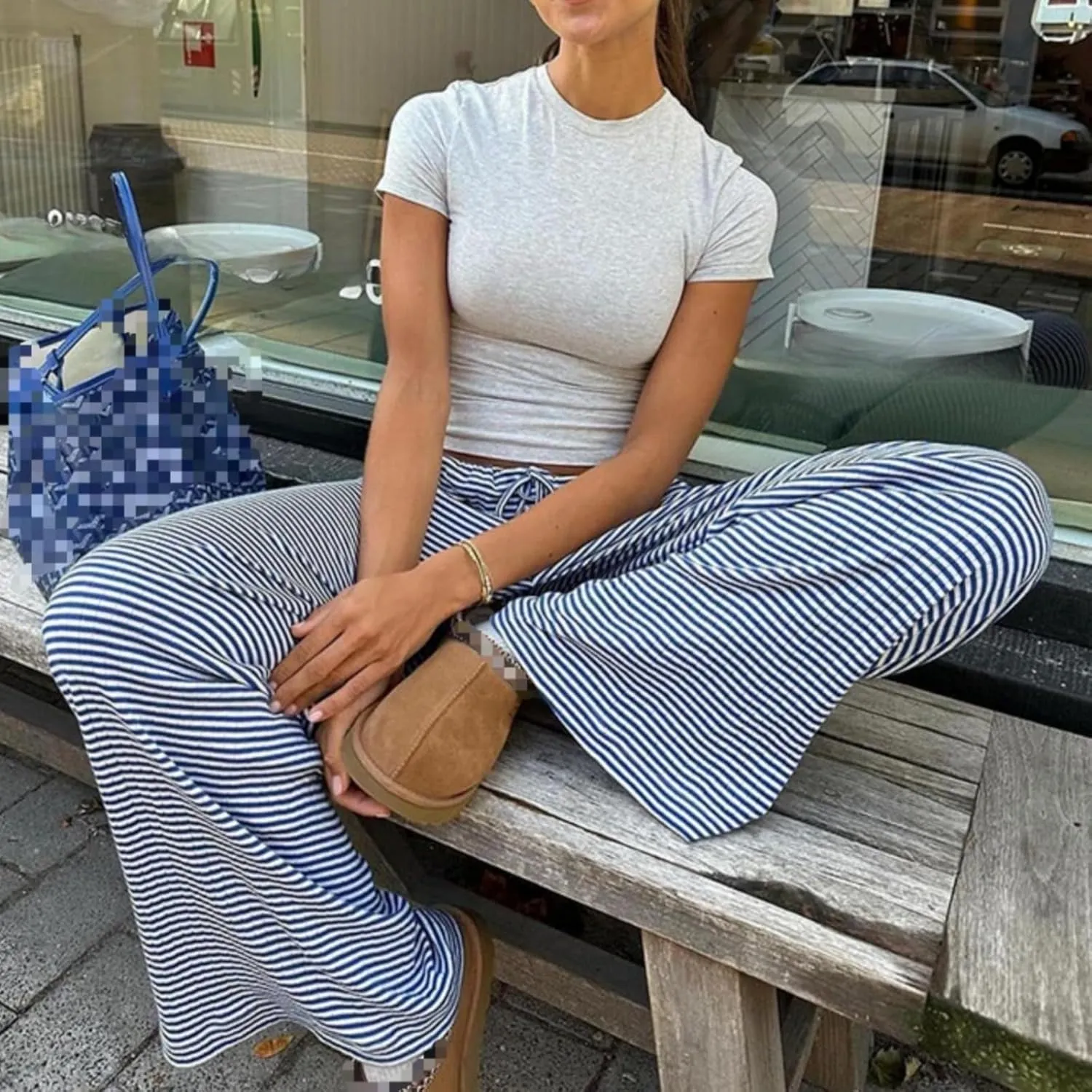Striped Wide Leg Pants for Women - Casual Loose Fit High-Waisted Drawstring Pajama Pants - Straight Trousers