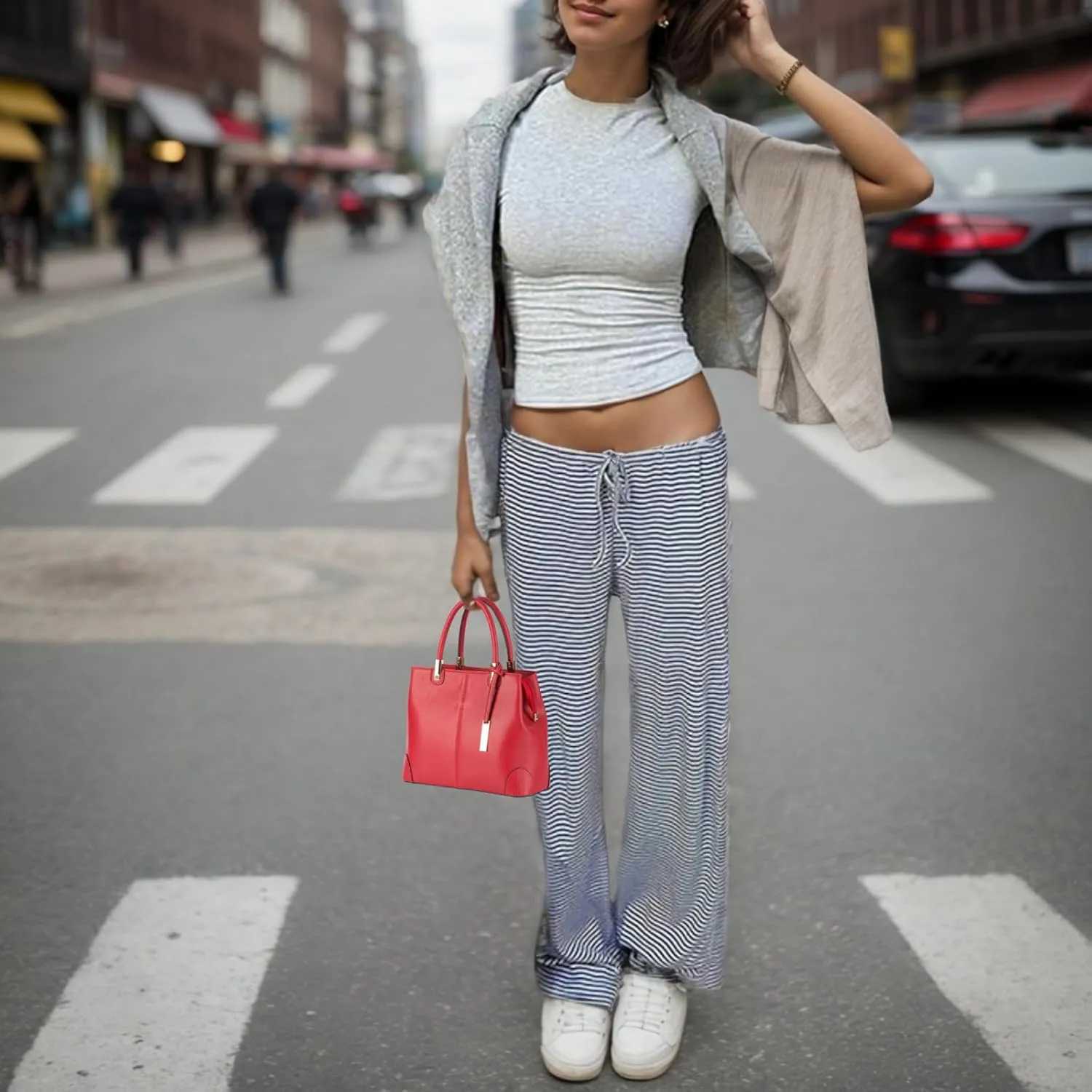 Striped Wide Leg Pants for Women - Casual Loose Fit High-Waisted Drawstring Pajama Pants - Straight Trousers