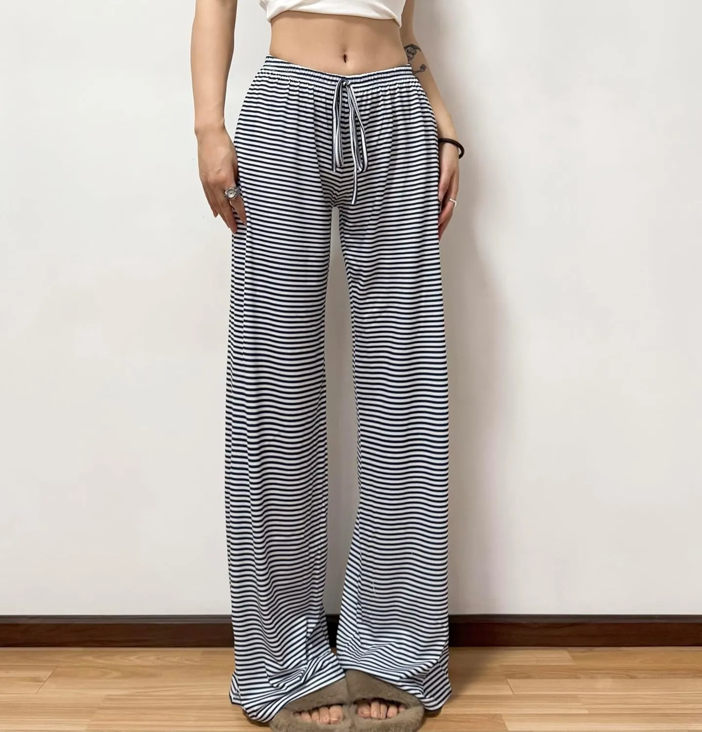 Striped Wide Leg Pants for Women - Casual Loose Fit High-Waisted Drawstring Pajama Pants - Straight Trousers