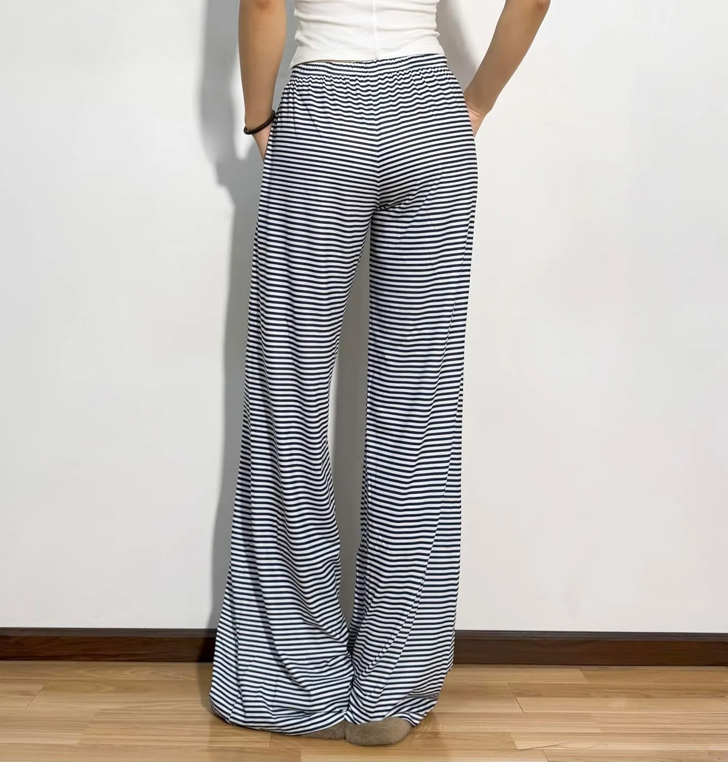 Striped Wide Leg Pants for Women - Casual Loose Fit High-Waisted Drawstring Pajama Pants - Straight Trousers
