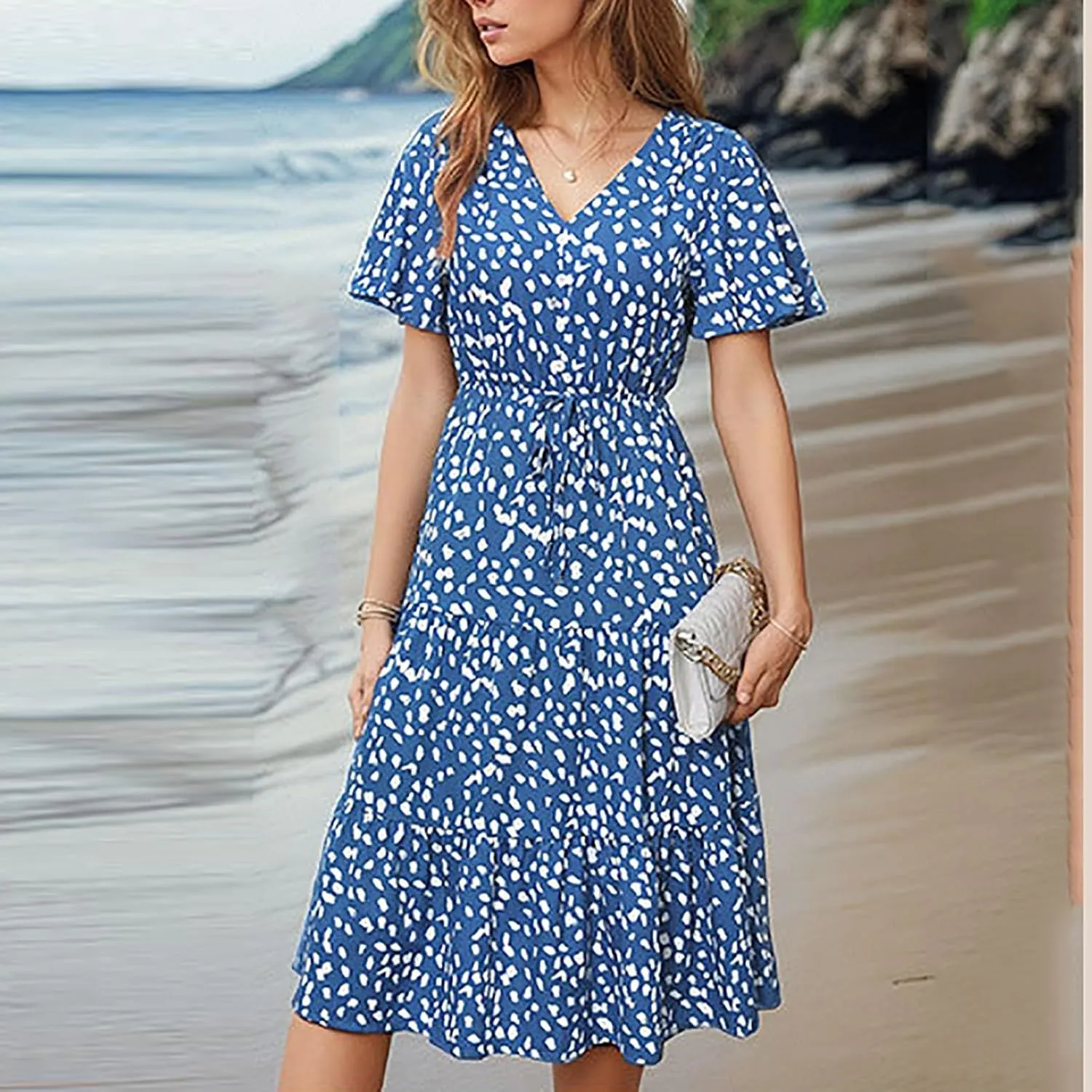 Summer Boho Midi Dress for Women Lace-Up Waist-Defined Flowy A-Line Dresses Short Sleeve V Neck Tiered Ruffle Dress