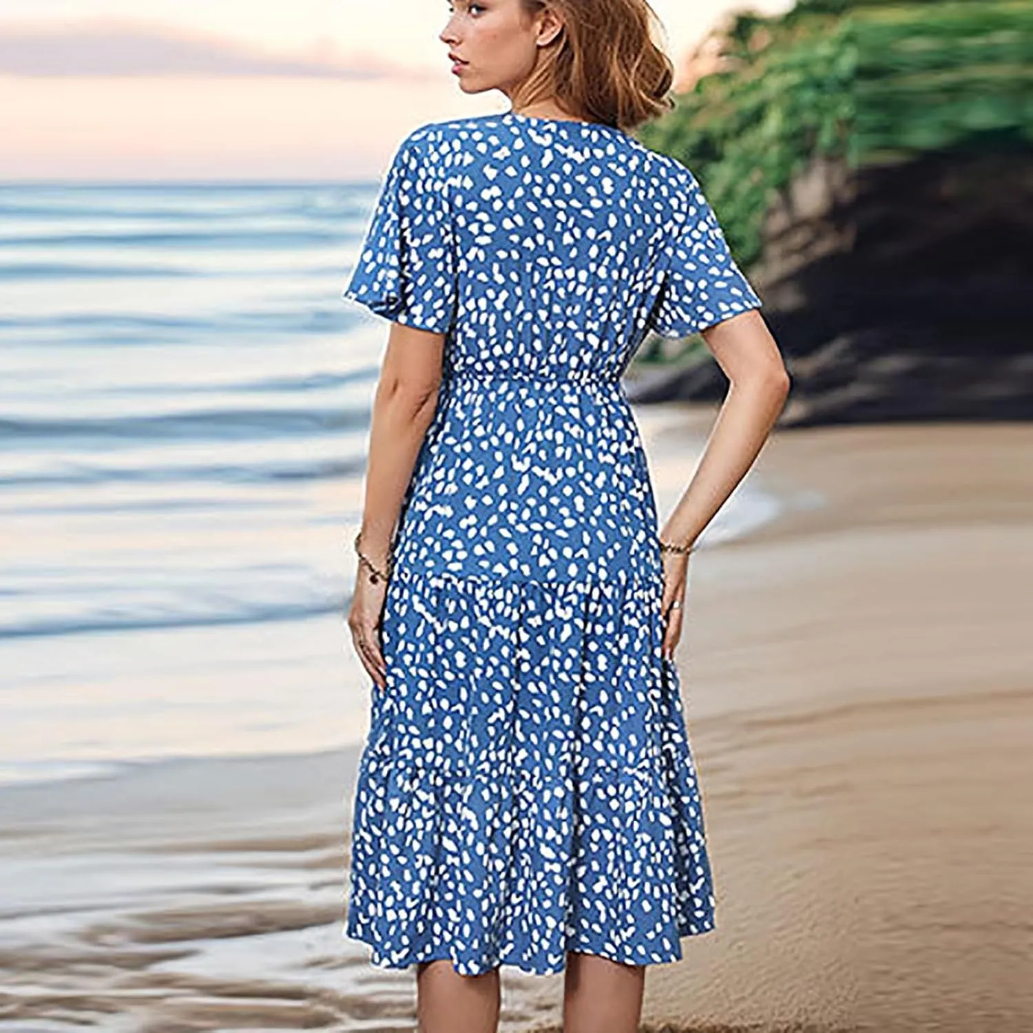 Summer Boho Midi Dress for Women Lace-Up Waist-Defined Flowy A-Line Dresses Short Sleeve V Neck Tiered Ruffle Dress