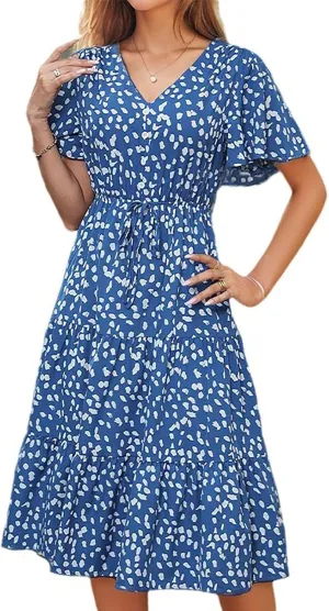 Summer Boho Midi Dress for Women Lace-Up Waist-Defined Flowy A-Line Dresses Short Sleeve V Neck Tiered Ruffle Dress