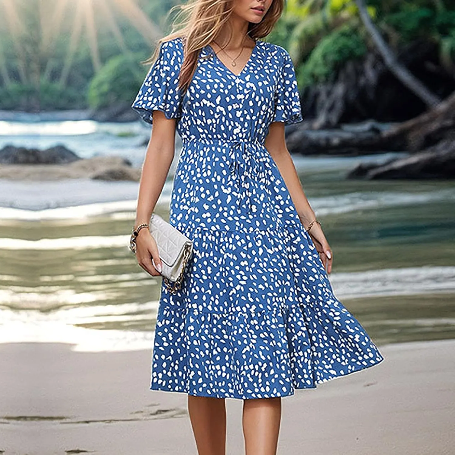 Summer Boho Midi Dress for Women Lace-Up Waist-Defined Flowy A-Line Dresses Short Sleeve V Neck Tiered Ruffle Dress
