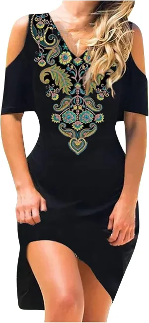 Summer Dresses for Women 2022,Women Traditional Aztec Cold Shoulder Sexy V Neck Short Sleeve Dress Floral Casual Dress