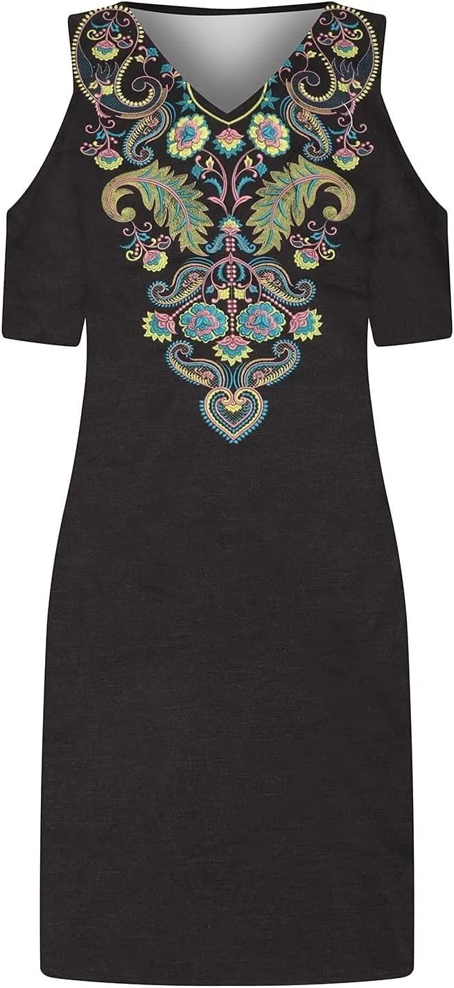 Summer Dresses for Women 2022,Women Traditional Aztec Cold Shoulder Sexy V Neck Short Sleeve Dress Floral Casual Dress