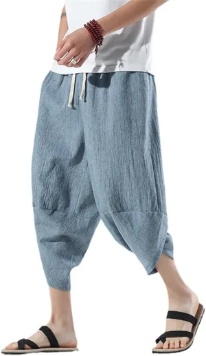 Summer Harem Casual Pants Men Wide Leg Cotton Linen Calf Length Baggy Men' Clothing