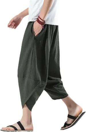 Summer Harem Casual Pants Men Wide Leg Cotton Linen Calf Length Baggy Men' Clothing