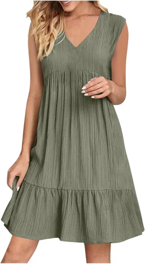 Summer Sleeveless Babydoll Sundress Women Ruffle Hem Casual Wrinkles Tank Dresss Cute V Neck Sleeveless Mini Dresses