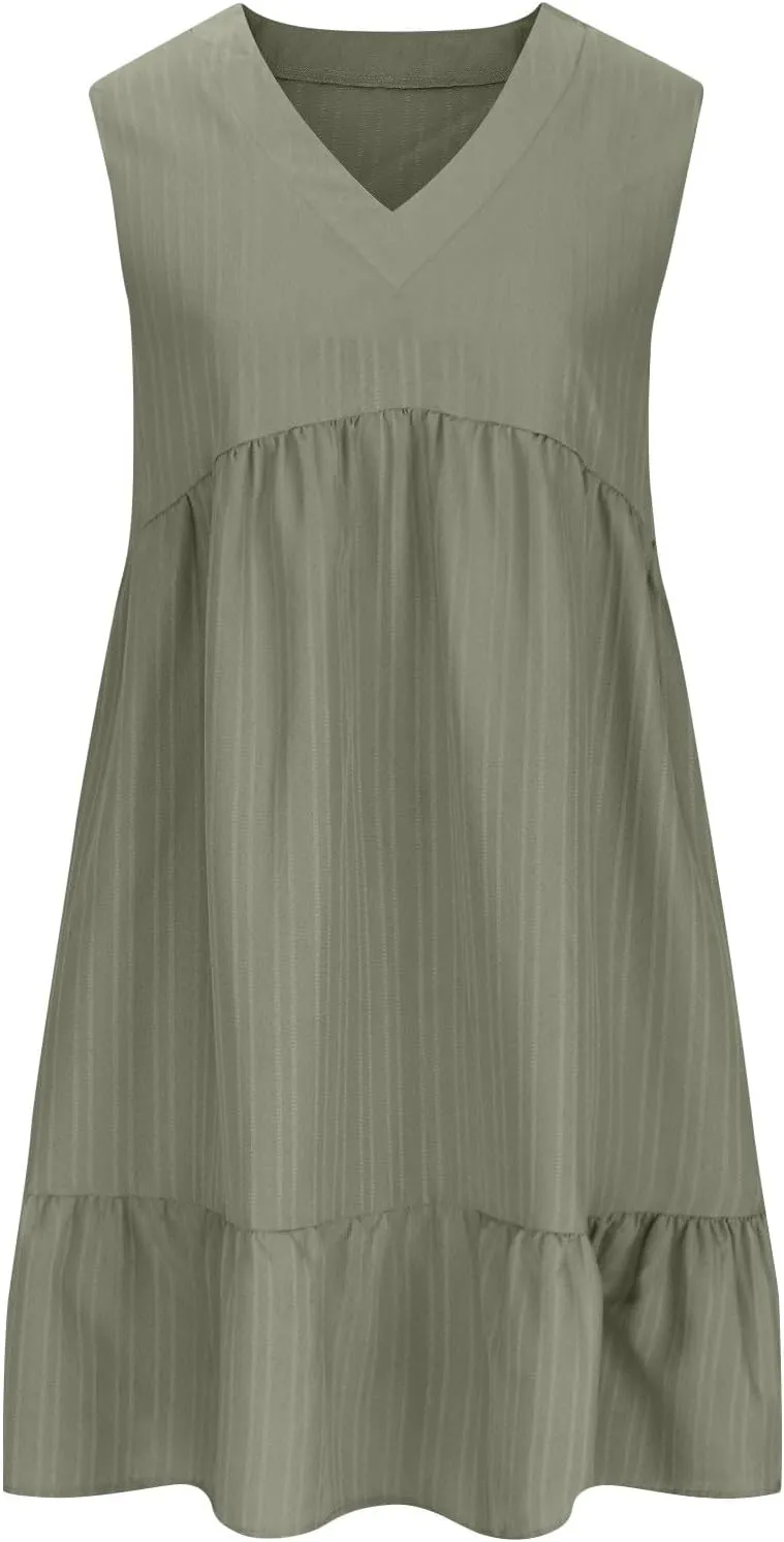 Summer Sleeveless Babydoll Sundress Women Ruffle Hem Casual Wrinkles Tank Dresss Cute V Neck Sleeveless Mini Dresses