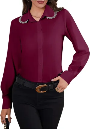 SweatyRocks Women's Long Sleeve Button Down Blouses Rhinestone Decor Work Tops