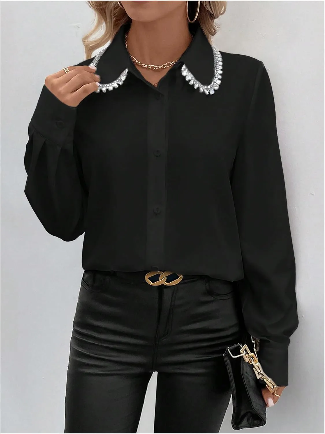SweatyRocks Women's Long Sleeve Button Down Blouses Rhinestone Decor Work Tops