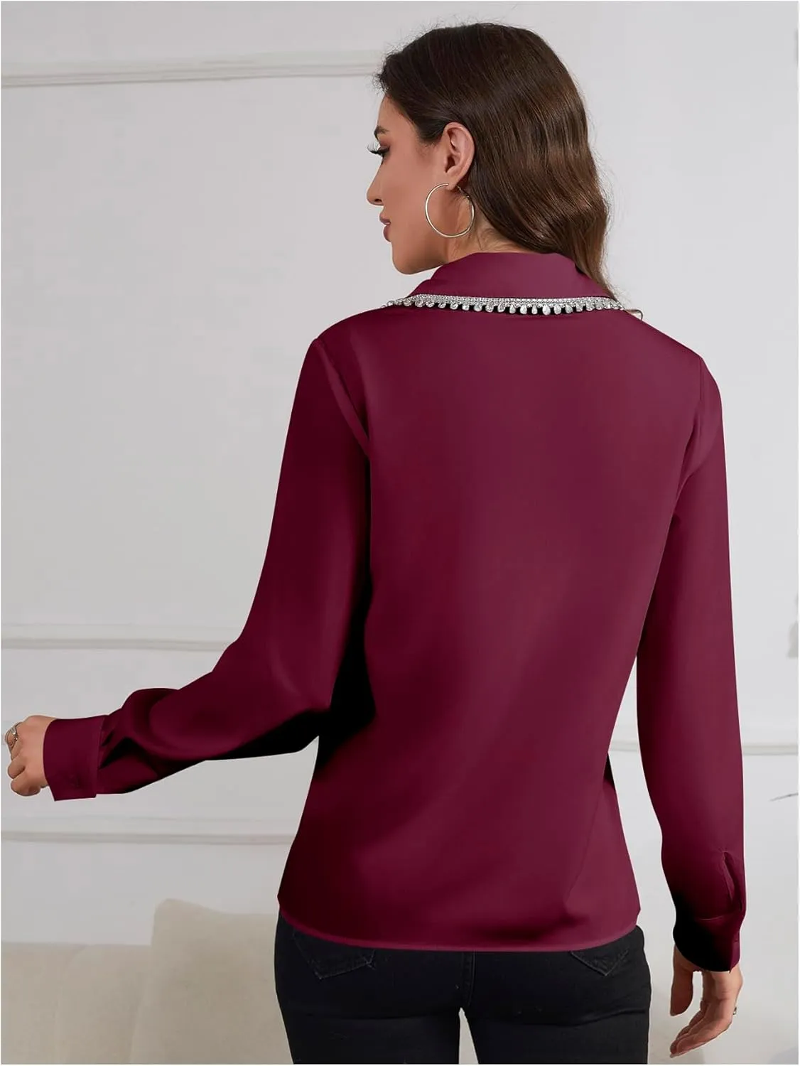 SweatyRocks Women's Long Sleeve Button Down Blouses Rhinestone Decor Work Tops