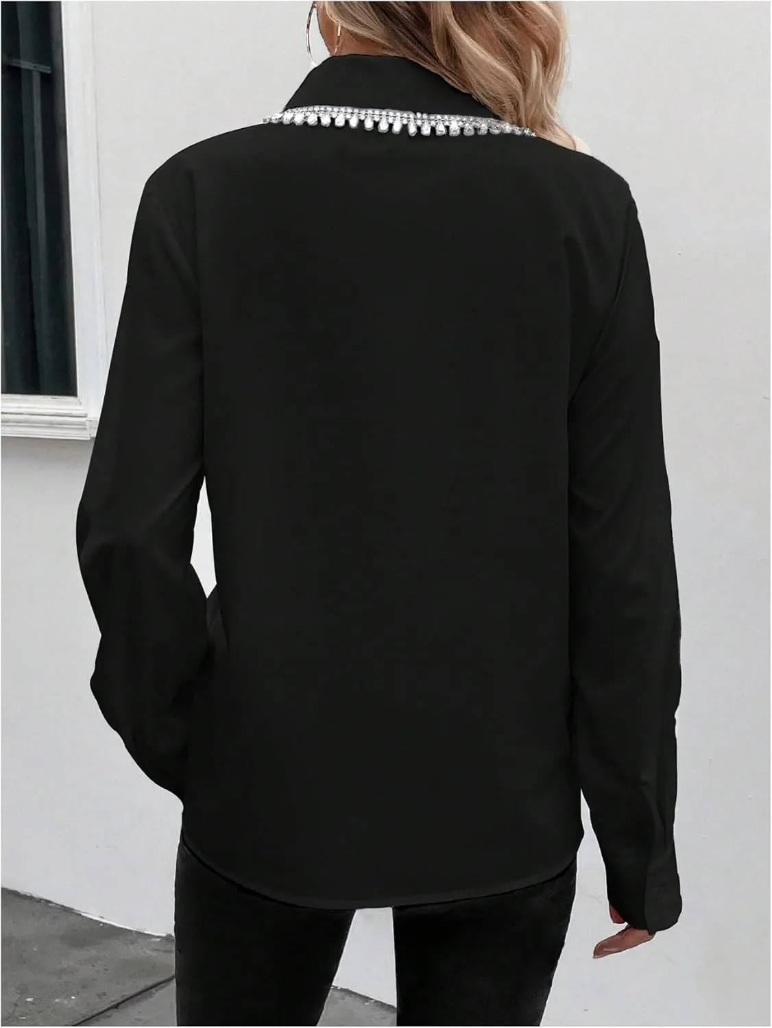 SweatyRocks Women's Long Sleeve Button Down Blouses Rhinestone Decor Work Tops
