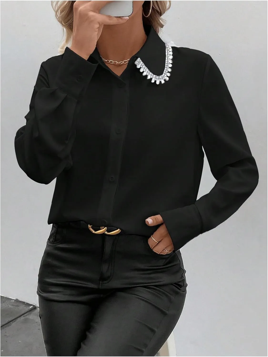 SweatyRocks Women's Long Sleeve Button Down Blouses Rhinestone Decor Work Tops
