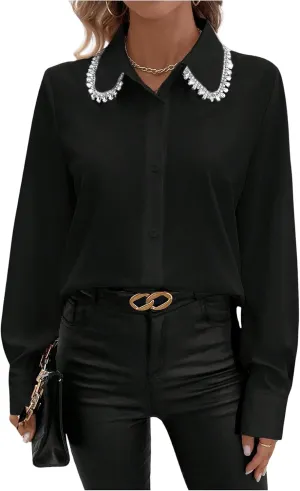 SweatyRocks Women's Long Sleeve Button Down Blouses Rhinestone Decor Work Tops
