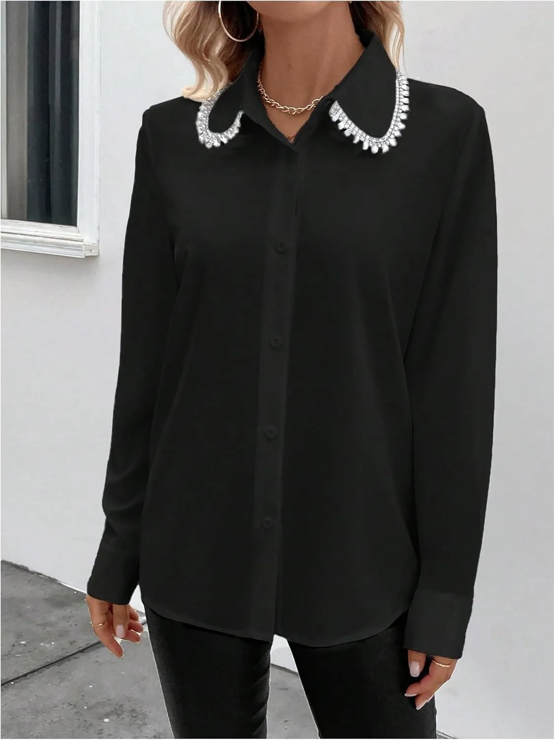 SweatyRocks Women's Long Sleeve Button Down Blouses Rhinestone Decor Work Tops