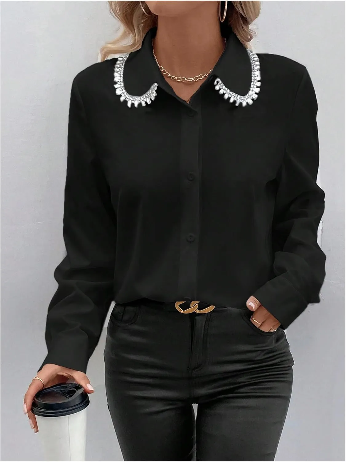 SweatyRocks Women's Long Sleeve Button Down Blouses Rhinestone Decor Work Tops