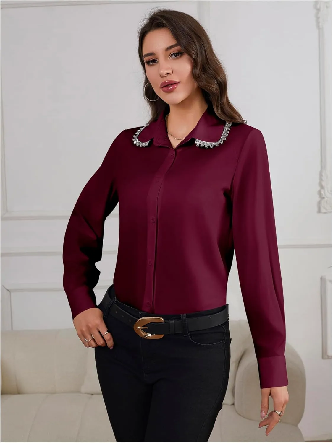 SweatyRocks Women's Long Sleeve Button Down Blouses Rhinestone Decor Work Tops