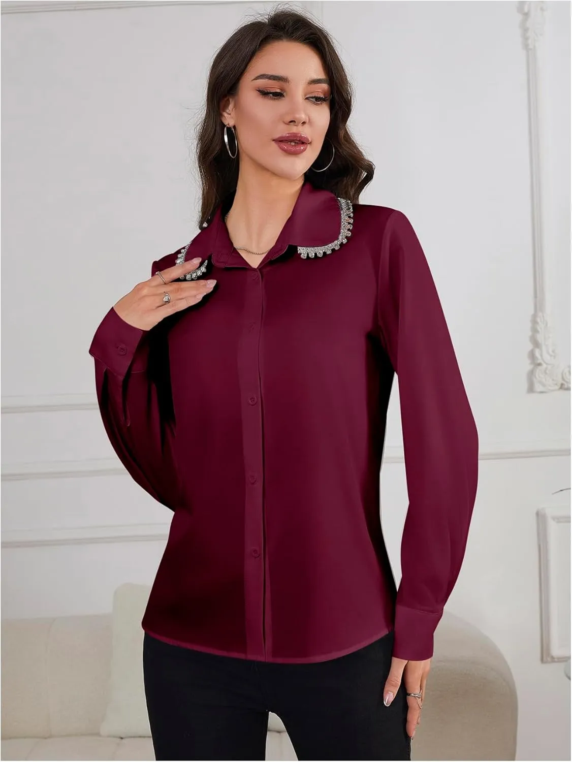 SweatyRocks Women's Long Sleeve Button Down Blouses Rhinestone Decor Work Tops