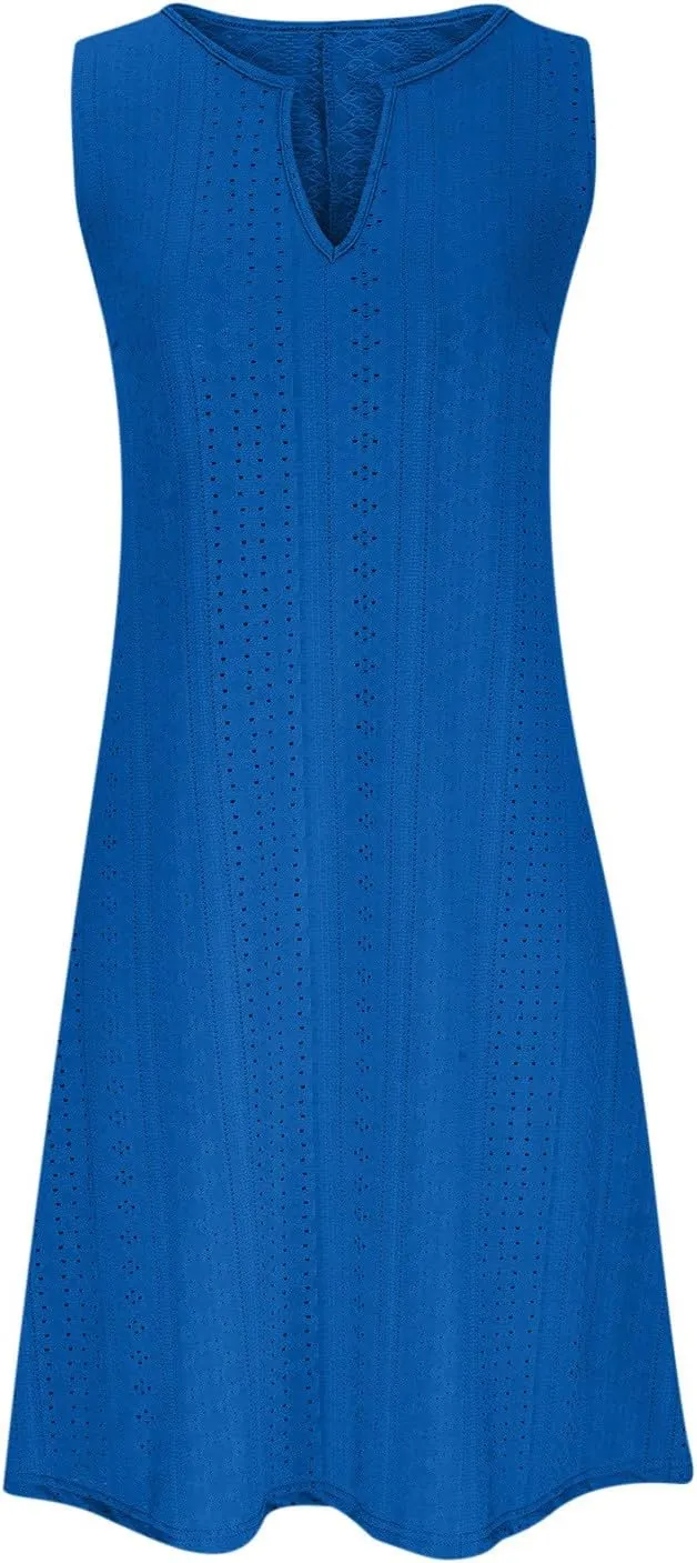 Sweetheart Embroidery Eyelet Tank Dress for Women Solid V Neck Sleeveless Sundress Casual Vacation Beach Dress
