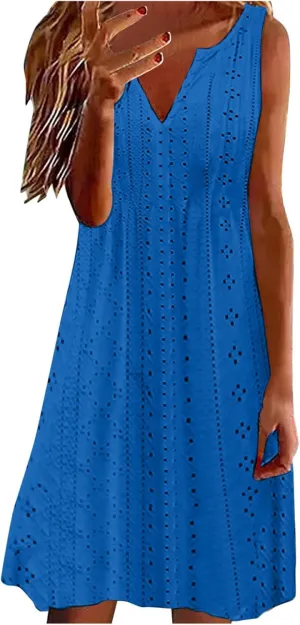 Sweetheart Embroidery Eyelet Tank Dress for Women Solid V Neck Sleeveless Sundress Casual Vacation Beach Dress